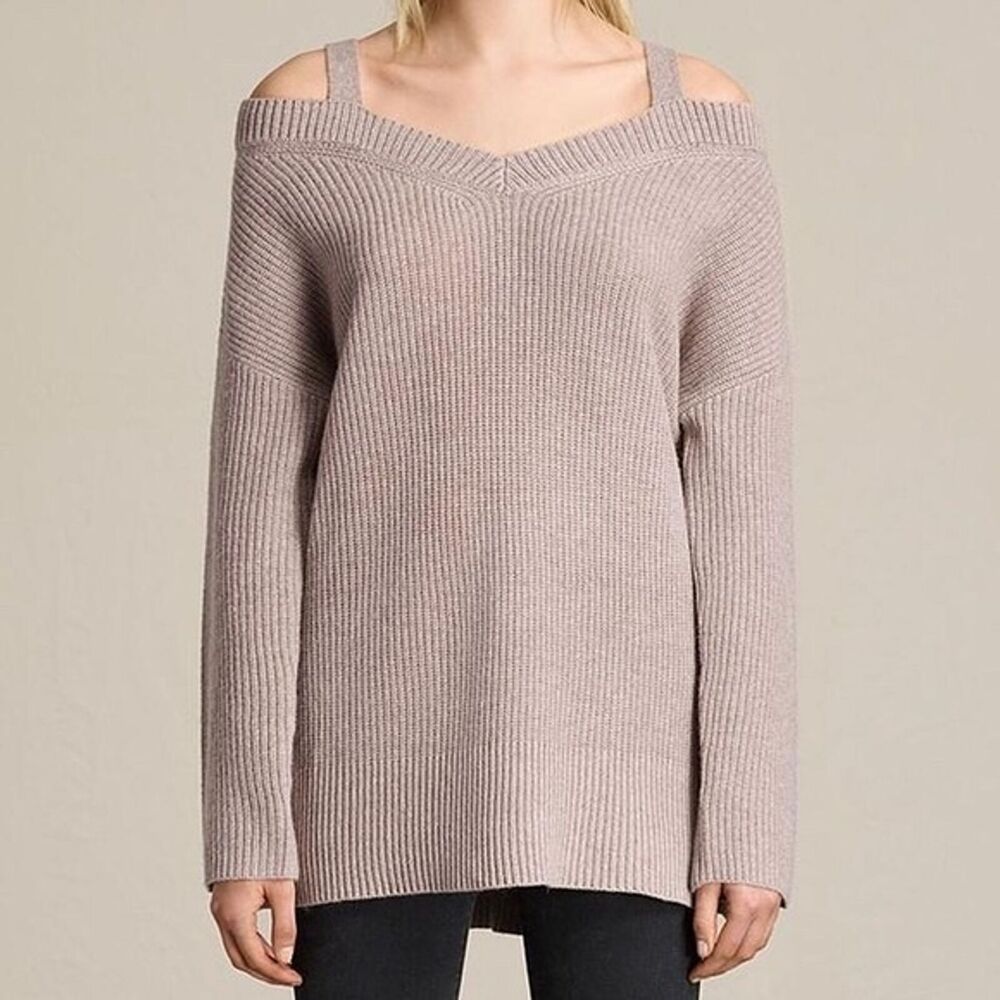 All Saints Dasha V-Neck Cold Shoulder Wool/Cashmere Blend Sweater Size Medium